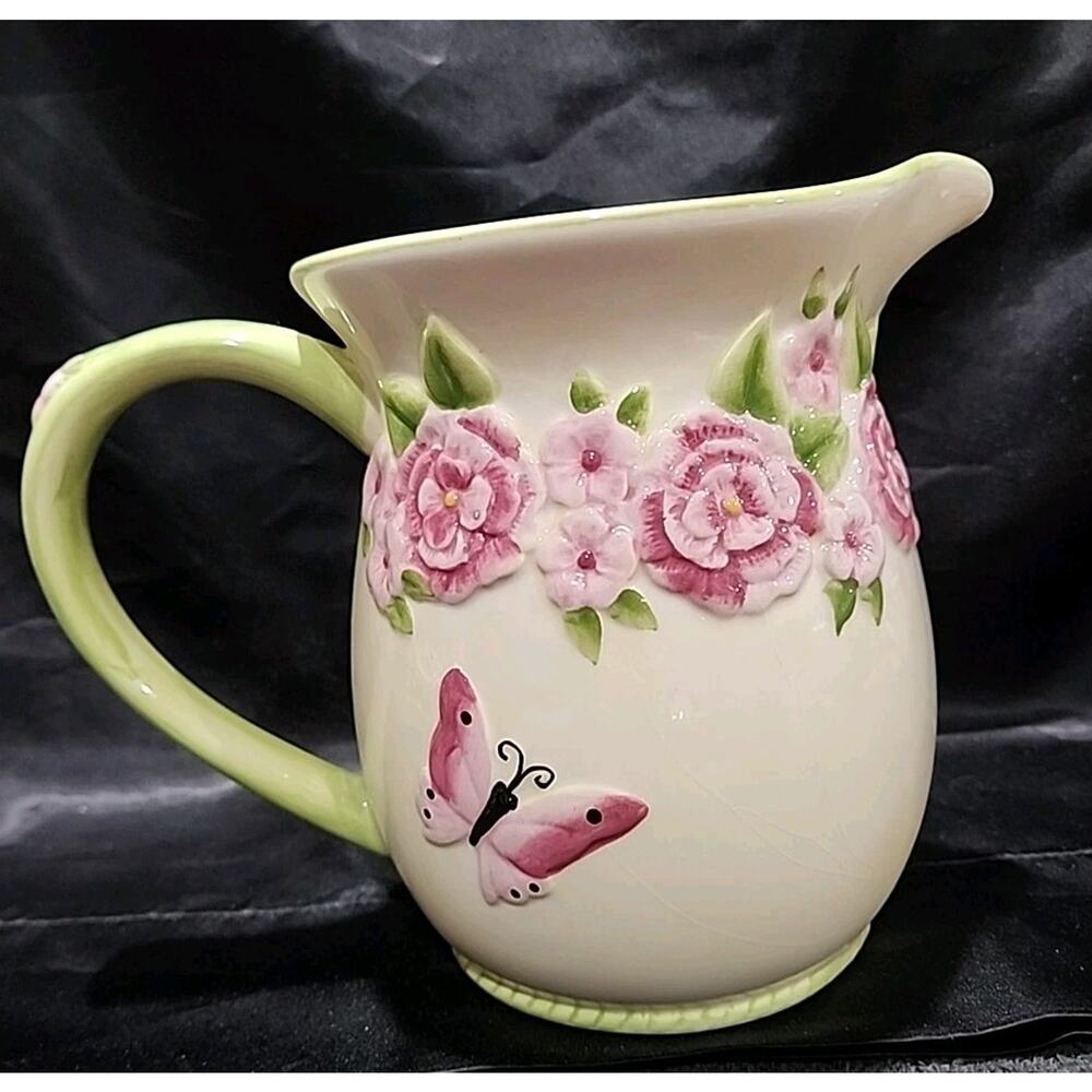HARRY & DAVID Embossed Pink Butterflies Flowers Ceramic 2 Qt Beverage Pitcher